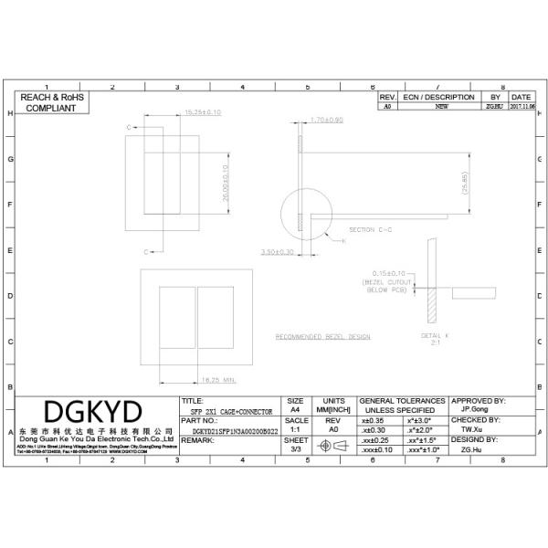 DGKYD21SFP1N3A00200B022 2*1 Cage Thickness 0.25mm RJ45 SFP Connector 15U Phosphor Bronze