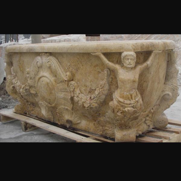 Buy Hotel Deocration Beige travertine bathtub with figure statue carving for bathroom,china sculpture supplier at wholesale prices