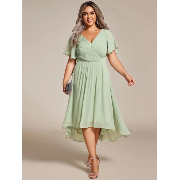 Empire Plus Size V-neck High-low A-line Short Sleeve Ruffled Sky Blue Chiffon Wedding Guest Bridesmaid Dress