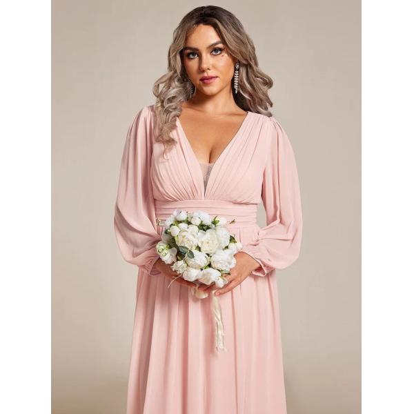 V-neck Plus Size Enchanting Lotus Leaf Lantern Sleeve Pleated Empire High Waist A-line Pink Chiffon Bridesmaid Dress