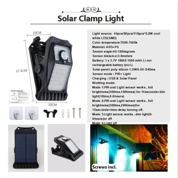 IP65 Garden Solar Sensor Light 45 LED Solar Clamp Light USB Style for Hotel Sale