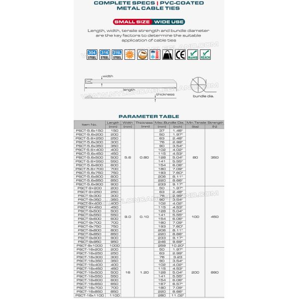 PVC Coated Metal (Stainless Steel) Cable Ties, Version 316L, 316 or 304, L: 200~1100mm x W: 16mm, 200 Lbs, Outdoor Use