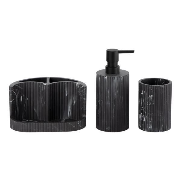 Black Marble Print Polyresin Bathroom Accessories Set Ribbed Vertical Fringe Soap Dispenser Tumbler Accessories Tray