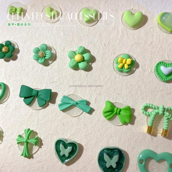 2023 new Nail charms green color frosted heart bow flowers 3d nail art summer jewelry for nail salon