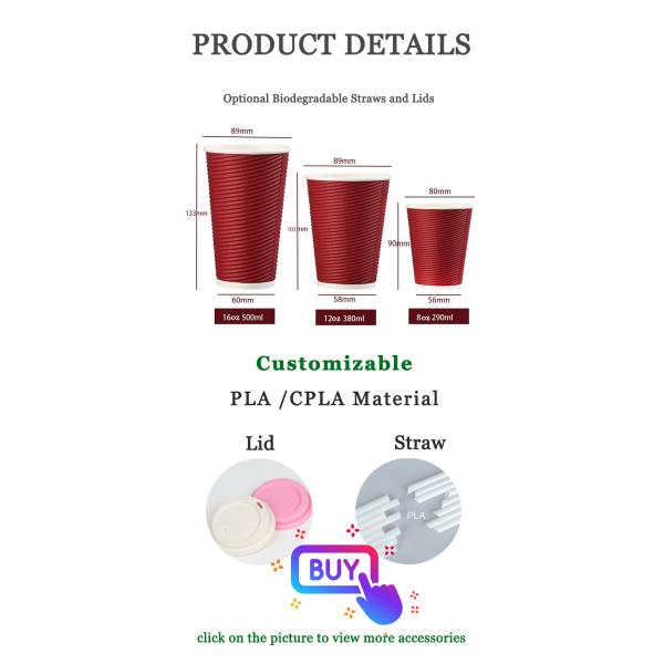 Red Ripple Disposable Paper Cup for Hot Coffee Double Wall with Custom Logo Red Corrugated paper cup