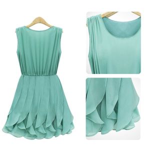 Green Belt Short Flared Dresses , Summer Round Chiffon Skirts