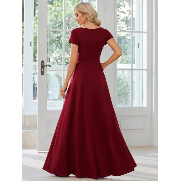 Sexy Custom Size V-neck Simple Pleated Empire Waist A-line Short Sleeve Burgundy Satin Bridesmaid Dress