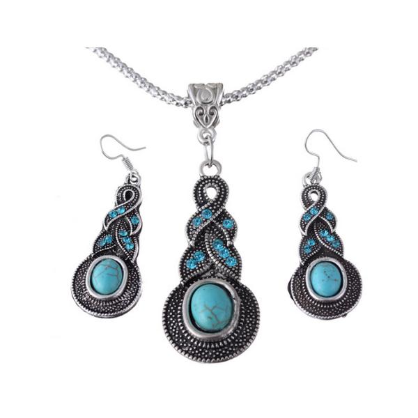 European and American classic retro antique silver plated diamond gourd shape turquoise