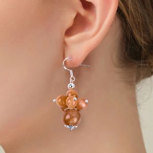 Handmade Crystal Stone Earrings Sunstone Beaded Earrings Gemstone Flower Pendant