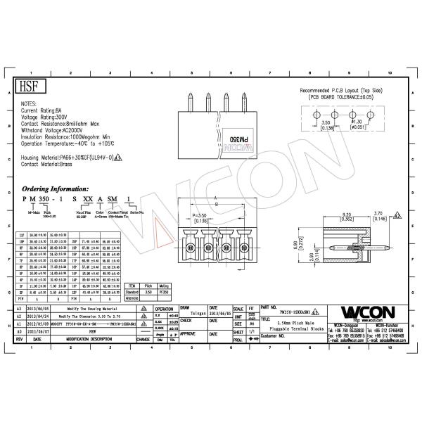 DIP PA66 Male Plug In Terminal Block Connector 3.5mm 20P PM350-1SXXASM1