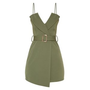 Women Khaki Tux Detail Belted Wrap Bodycon Dress With Spaghetti Strap