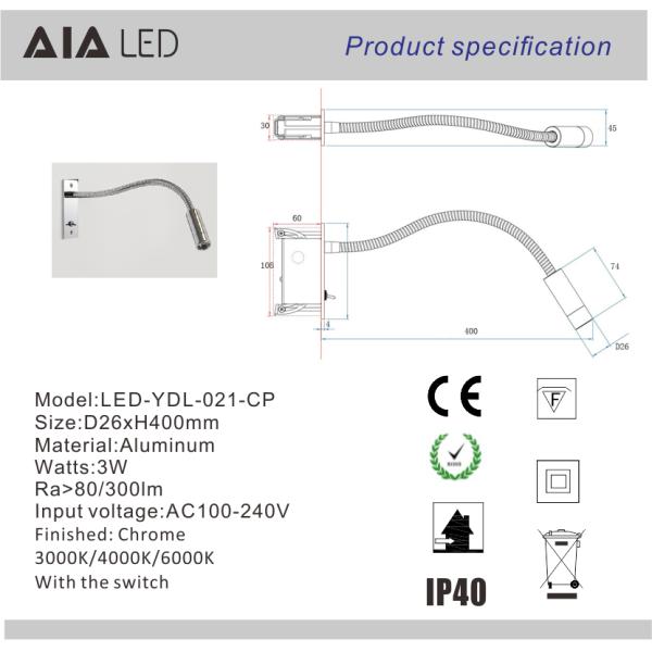 Recessed gooseneck wall light 3W led bedroom bed wall light led headboard reading light