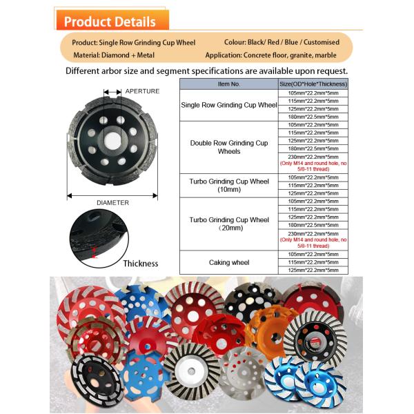 105-180mm Single Row Diamond single row cup wheel for grinding stone and concrete SGW