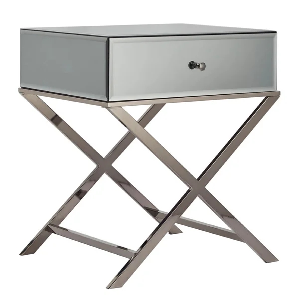1 drawer silver mirrored nightstand X base end table corner table for bed room