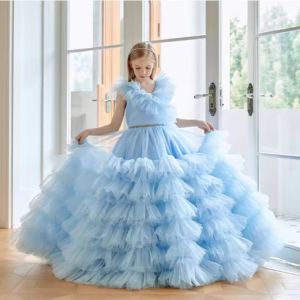 Summer Girl Clothing Blue Flower Tutu Long Wedding Dress Flower Girl Puffy