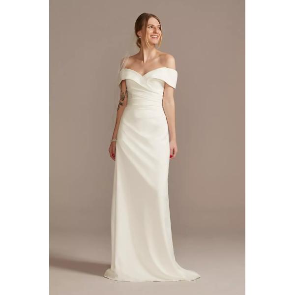 Simply Elegant V-neck Customized Size Zipper Ruffles Off-the-shoulder Sheath White Satin Wedding Dress