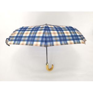 Mens Three Fold Umbrella With Tartan Design Fabric And Wooden Handle For Adults
