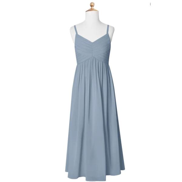 Fashionable A-Line Pleated Chiffon Dusty Blue Floor-Length Junior Bridesmaid Dress A-Line Princess Spaghetti Straps
