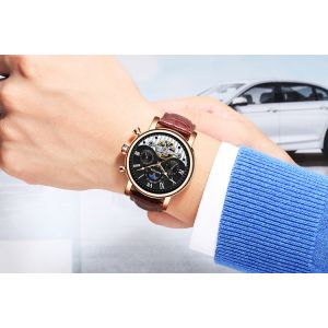 KINYUED moon phase skeleton watch tourbillon mens automatic mechanical watch