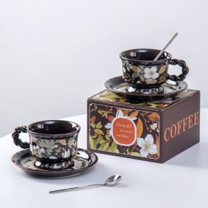 Eco Friendly Drinkware Ceramic Tea Cup Set Gift Box With Brown Porcelain Flower