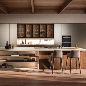 I Shape Lacquer Custom Made Wood Kitchen Cabinet With Island Waterfall Double