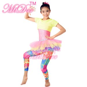 Amiable Dance Competition Costumes Yellow Pink T shirt Skirt Tiers Slender