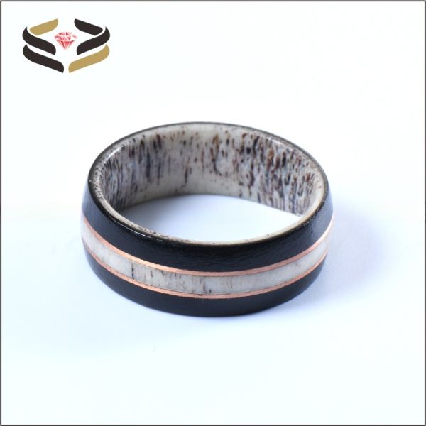 8mm Nature Deer Antler Ring with African Ebony Wood and Rose Gold Circle Inlay Wedding Band Plating N/A