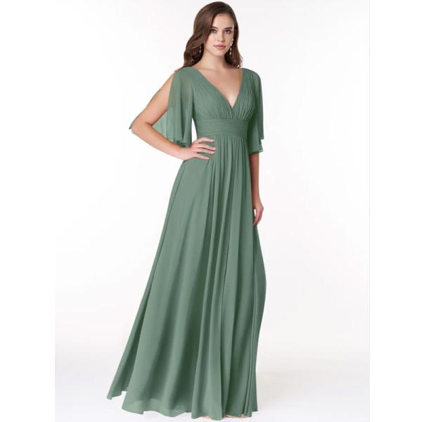 Elegant Wholesale Ruched Chiffon Long Bridesmaid Dress Short Cap Sleeves V-Neck Ruched Front Split Slit Floor-Length
