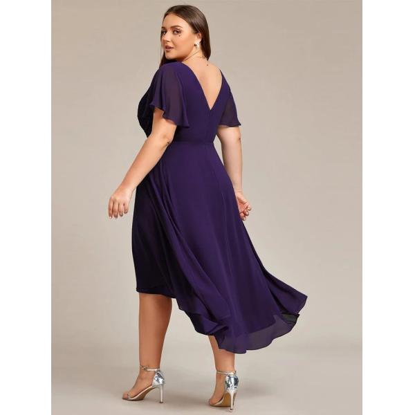 Chic V-neck High-low Short Flutter Sleeves A-line Ruffles Midi Invisible Zipper Dark Purple Chiffon Cocktail Dress