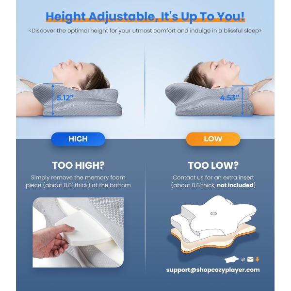 Molded Cooling Cervical Pillow Adjustable Neck Support for Side Back and Stomach Sleepers