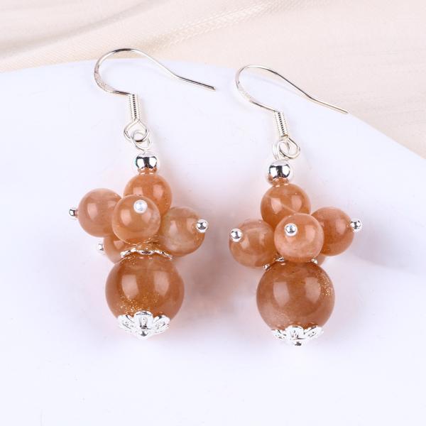 Handmade Crystal Stone Earrings Sunstone Beaded Earrings Gemstone Flower Pendant Earrings