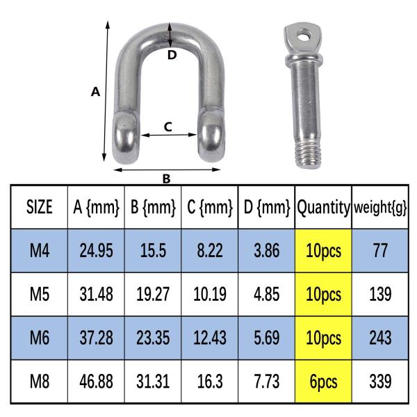 304 Stainless Steel D Ring Shackle Lock D Links Clip Hook for Heavy Duty Construction