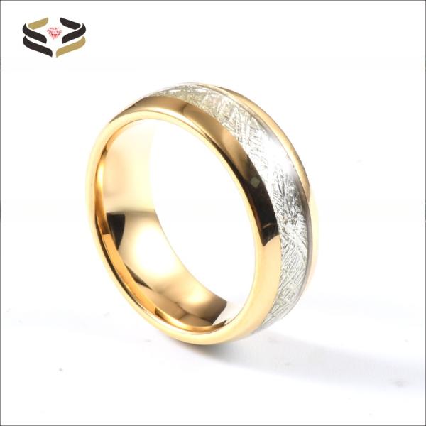 8mm Gold Tungsten Carbide Ring with Meteorite Inlay Sophisticated Addition to Religious Wedding Bands
