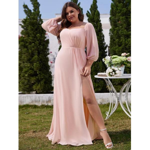 Plus Size Ruffled Sweetheart Neck Long-sleeved High Slit Pink Chiffon Off-shoulder Bridesmaid Dresses