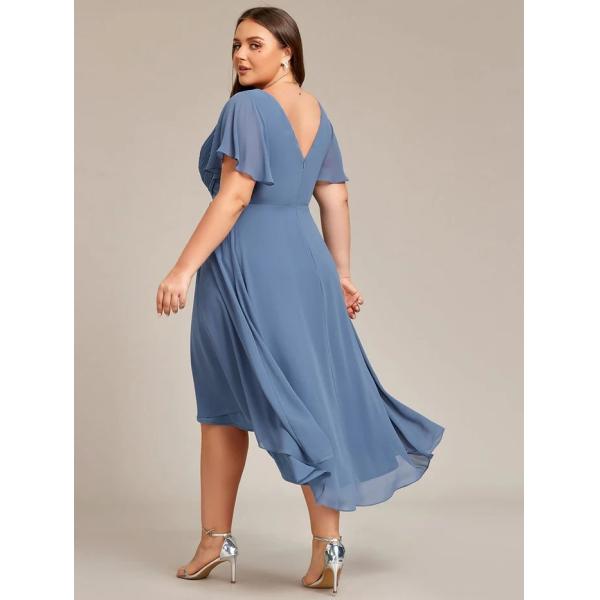 Chic V-neck High-low Short Flutter Sleeves A-line Ruffles Midi Invisible Zipper Dusty Navy Chiffon Wedding Evening Dress