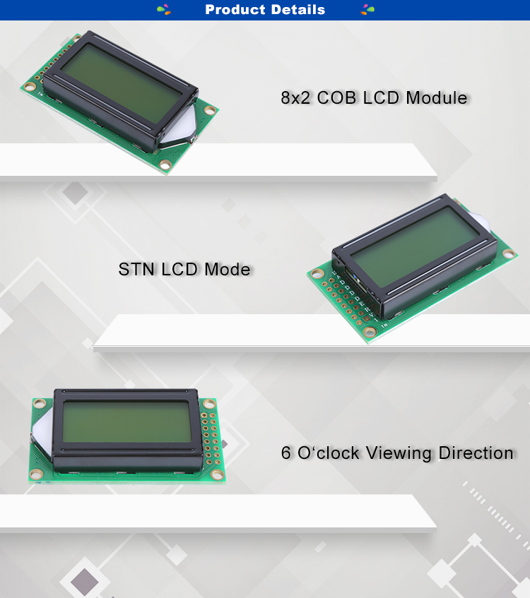 8x2 STN Alpha Numeric LCD Custom Char Screen Display Module With 16 Pin