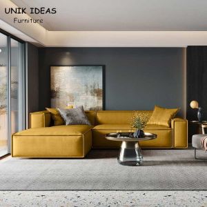 U Shaped Living Room Sectional Sofa 3pcs Yellow Fabric Luxury Home Furniture
