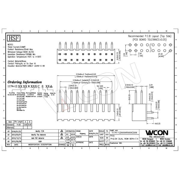 Double Row WCON Connector , 2.54 Mm Pitch Pin Header Connector R/A PA9T BK H=7.4