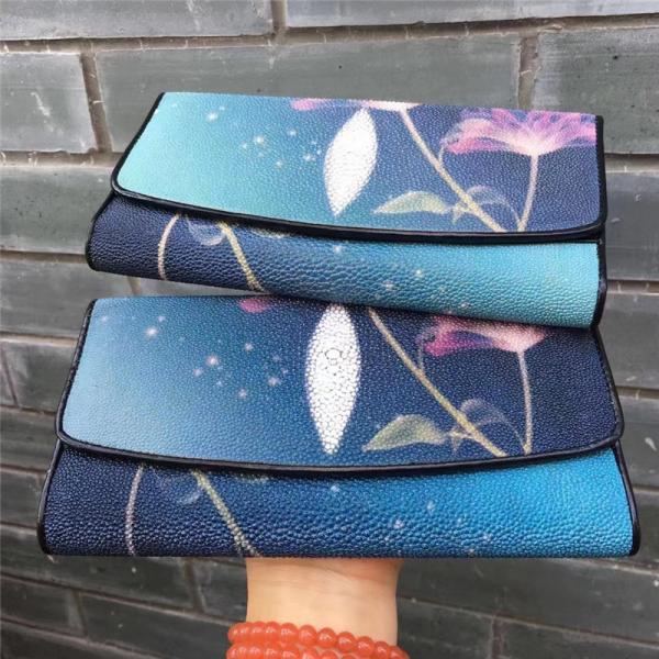 Authentic Stingray Skin Female Long Flower Trifold Wallet Genuine Leather Lady Large Clutch Purse Women's Card Holders