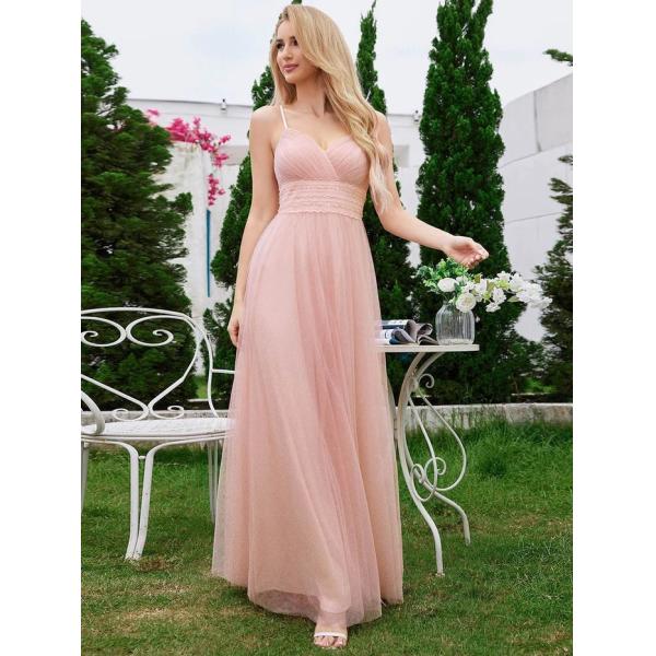 High Slit And Lace Pearl Waist Sleeveless V-neck A-line Empire Spaghetti Strap Pleated Pink Tulle Bridesmaid Dress