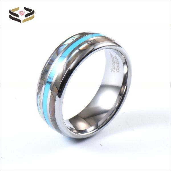 Third Party Appraisal Certified 8mm Abalone Shell Turquoise Inlay Tungsten Silver Wedding Band for Men