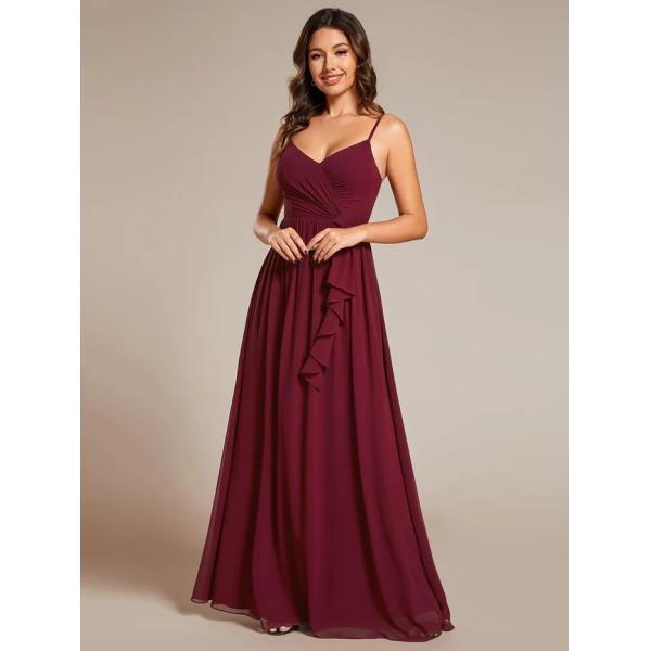 Sexy Maxi V-neck Lotus Leaf Pleating Spaghetti Strap A-line Burgundy Chiffon Bridesmaid Dress
