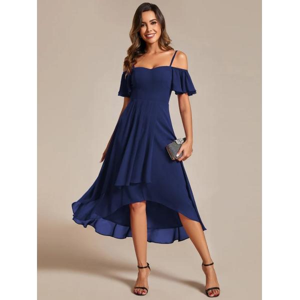 Empire Off-shoulder Spaghetti Strap Zipper High-low Wedding Guest Dresses Short Sleeves Burgundy Chiffon Evening Dress