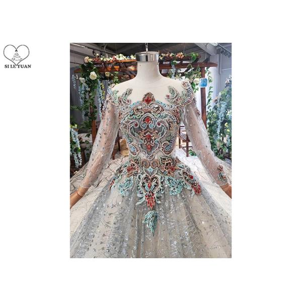 Colorful Lace Tailor Made Prom Dresses , Long Sleeve Beaded Prom Dress Big Tail