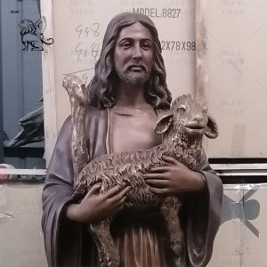 Bronze Shepherd Jesus Statue Holding Lamb Sculpture Christian Religious Life