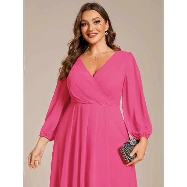 Elegant Empire Long Sleeve V-neck High Low A-line Ruffled Midi Hot Pink Chiffon Wedding Guest Party Dress