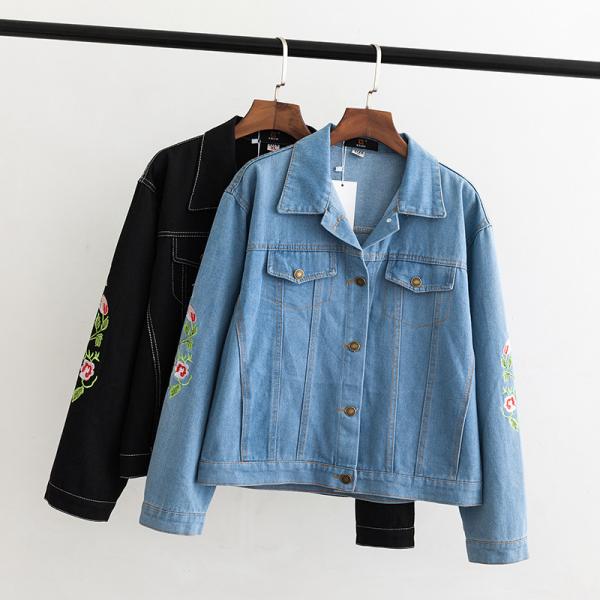 New Design Lapel Long Sleeve Denim Jacket With Embroidered Flowers Eco Friendly