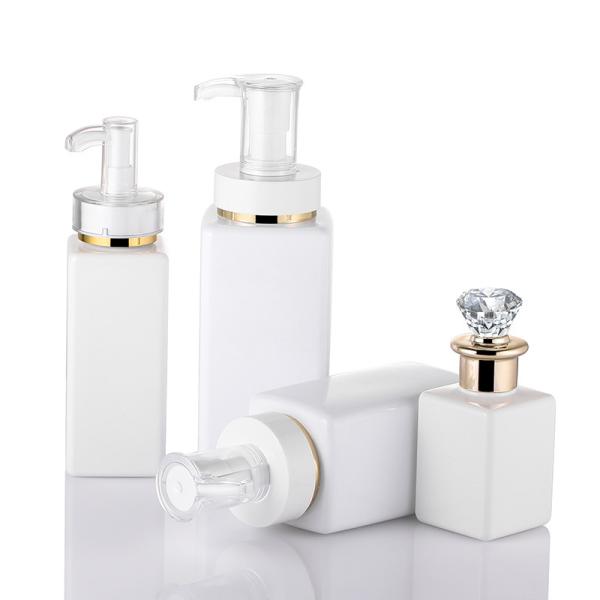 High Quality Luxury White Customize Square Shampoo Hair Lotion Bottle With Diamond Gold Rim Cap
