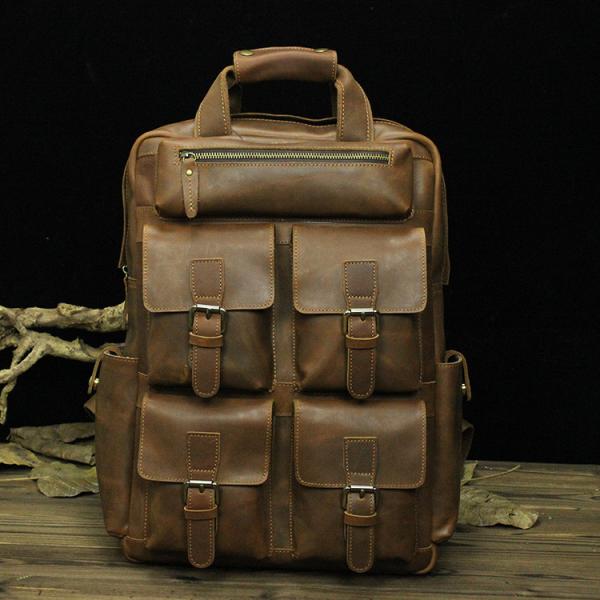 Buy Brown Full Grain 15 Inch Convertible Cowhide Leather Backpack Mens at wholesale prices