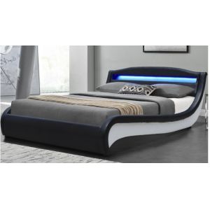 Black and White LED Upholstered Bed with Lights Wireless Remote Control